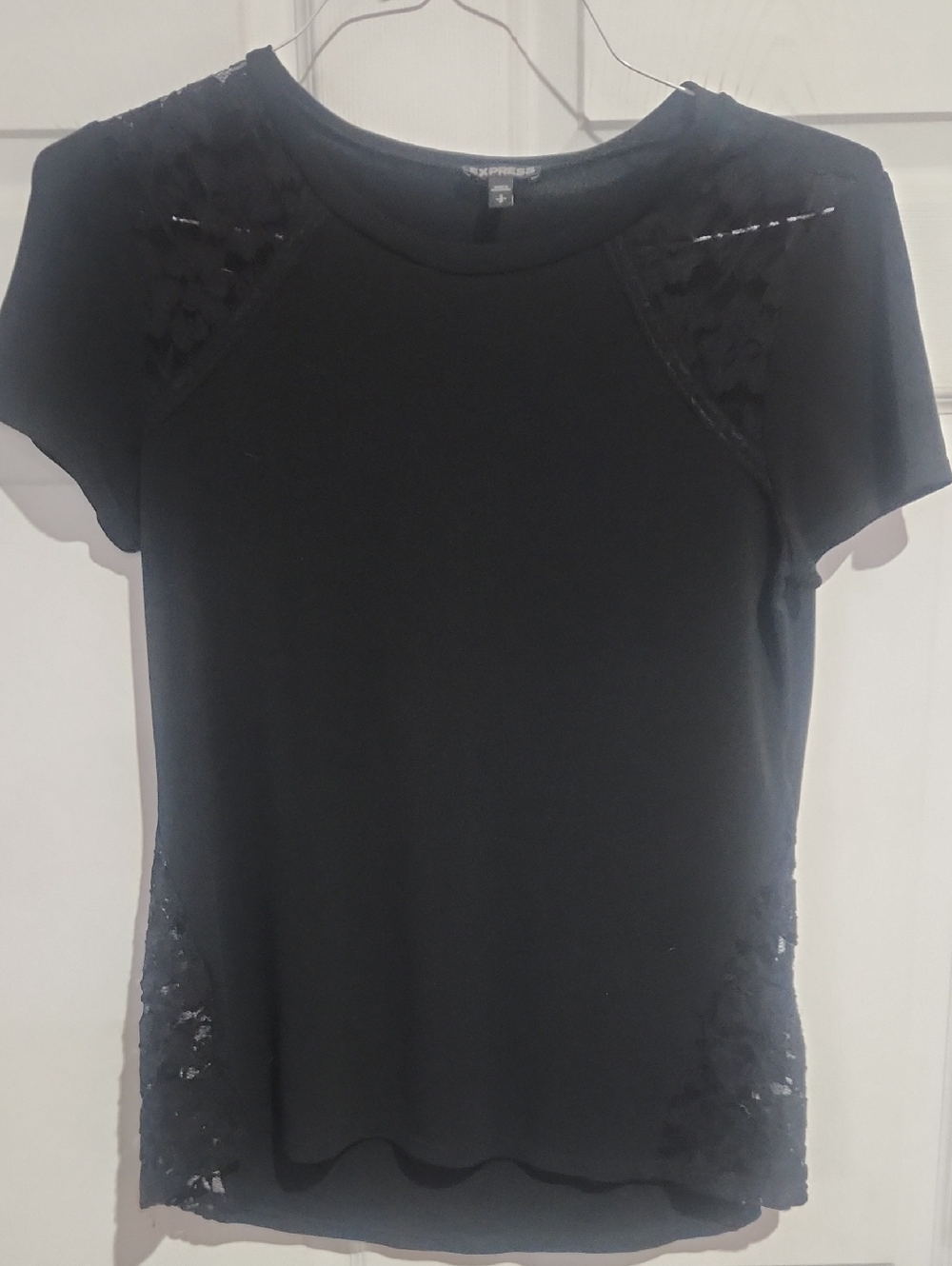 Express Black Short Sleeve Top with Lace Insets